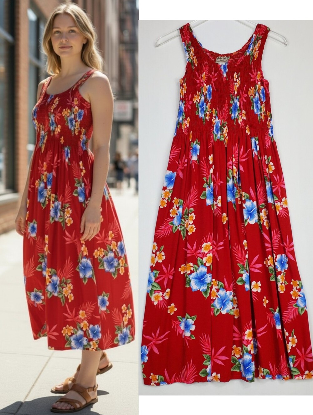 Aloha Hut one size fit flare midi dress sleeveless smocked Hawaiian bohemian red